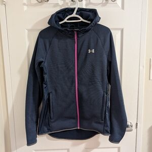 Under Armour Coldgear full zip Athlet Running Jacket hood Navy blue pink trim M